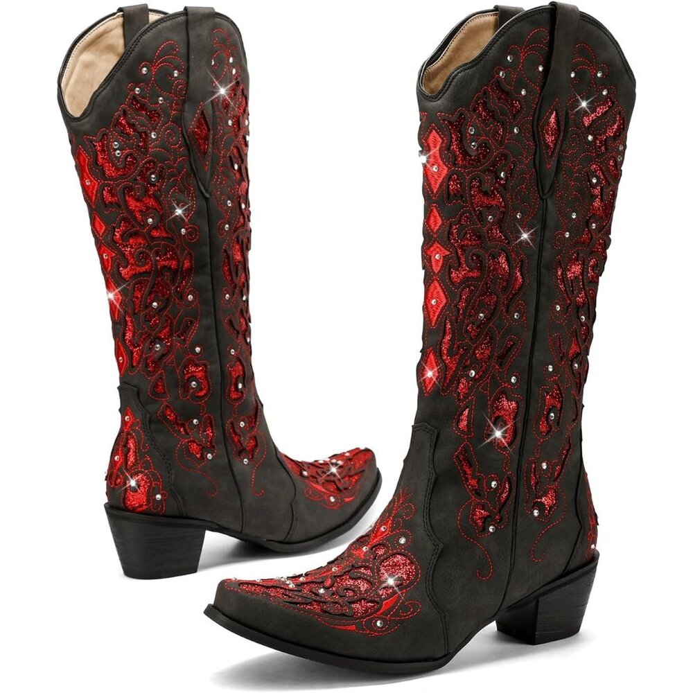 ⚡Women's Red Sparkly Rhinestone Wedding Boots Trendy Vintage Tall Glitter Boot